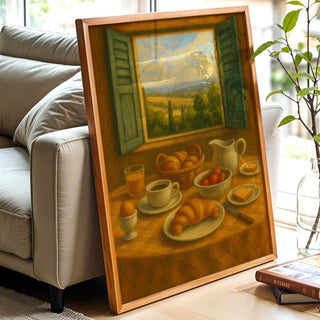 Tuscany Breakfast Poster | Cozy Italian Still Life Wall Art with Countryside View | Rustic Kitchen Print | Free Shipping Always Included - Just Great Posters