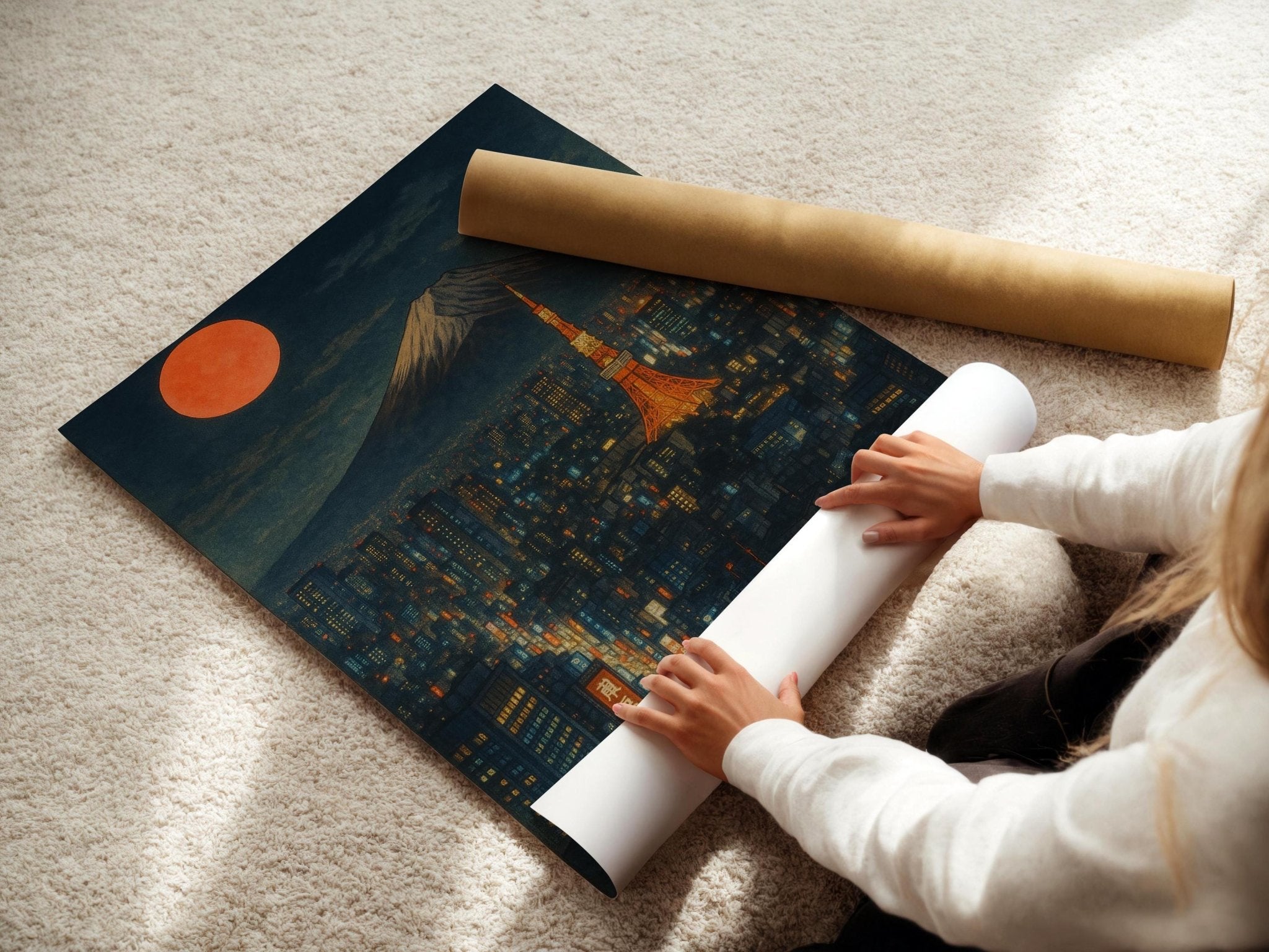 Tokyo Night Skyline Poster | Futuristic Cityscape Wall Art with Mt. Fuji & Neon Lights | Urban Japan Print | Free Shipping Always - Just Great Posters
