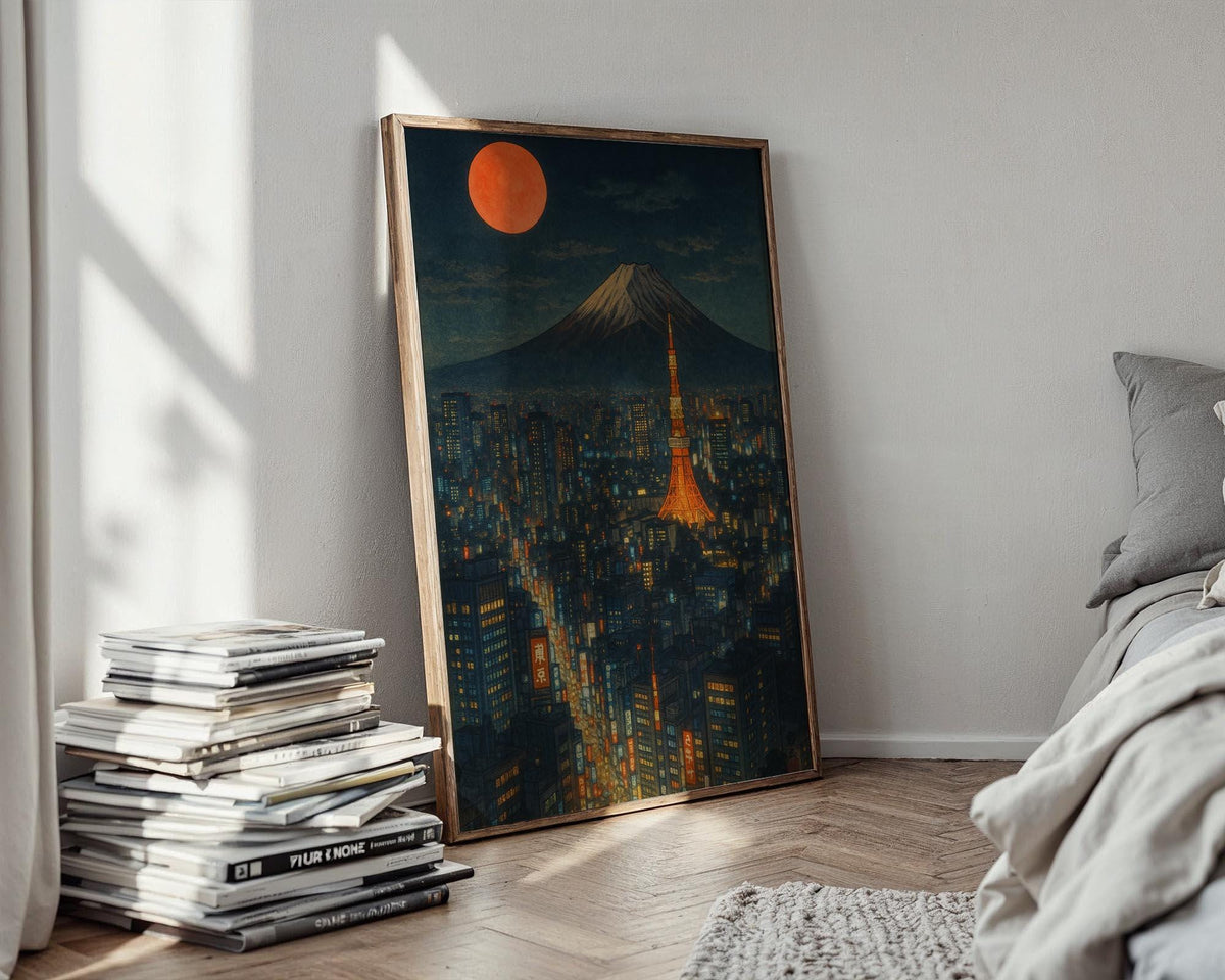 Tokyo Night Skyline Poster | Futuristic Cityscape Wall Art with Mt. Fuji & Neon Lights | Urban Japan Print | Free Shipping Always - Just Great Posters