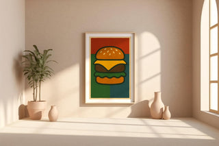 Cheeseburger Pop Art Poster | Bold Graphic Wall Art with Retro Food Design | Fun Fast Food Print for Kitchen or Diner | Free Shipping - Just Great Posters