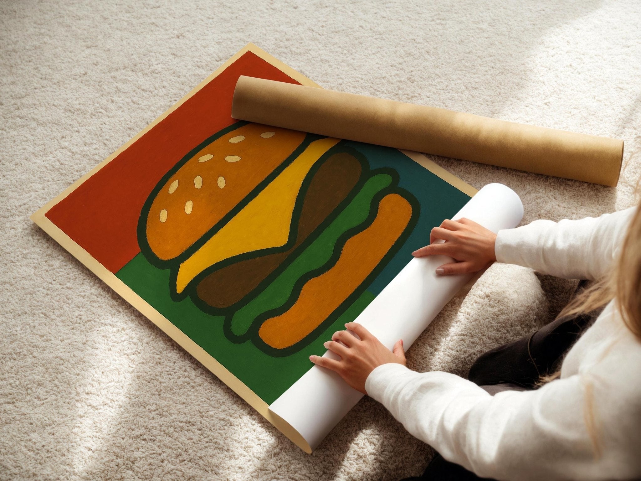 Cheeseburger Pop Art Poster | Bold Graphic Wall Art with Retro Food Design | Fun Fast Food Print for Kitchen or Diner | Free Shipping - Just Great Posters
