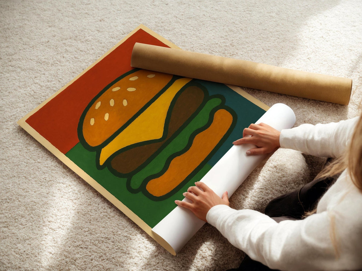 Cheeseburger Pop Art Poster | Bold Graphic Wall Art with Retro Food Design | Fun Fast Food Print for Kitchen or Diner | Free Shipping - Just Great Posters
