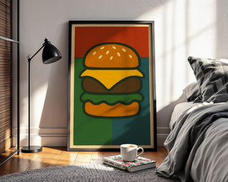 Cheeseburger Pop Art Poster | Bold Graphic Wall Art with Retro Food Design | Fun Fast Food Print for Kitchen or Diner | Free Shipping - Just Great Posters