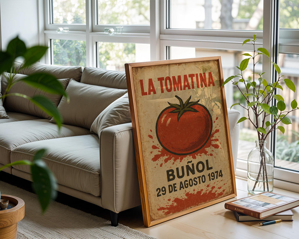 La Tomatina Poster | Vintage Spanish Festival Wall Art with Tomato Splash Design | Retro Buñol Print 1974 | Free Shipping Always - Just Great Posters