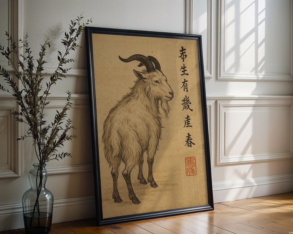 Japanese Goat Wall Art – Traditional Ink Animal Print, Zodiac Year of the Goat Decor, Vintage Style Asian Artwork, Free Shipping - Just Great Posters