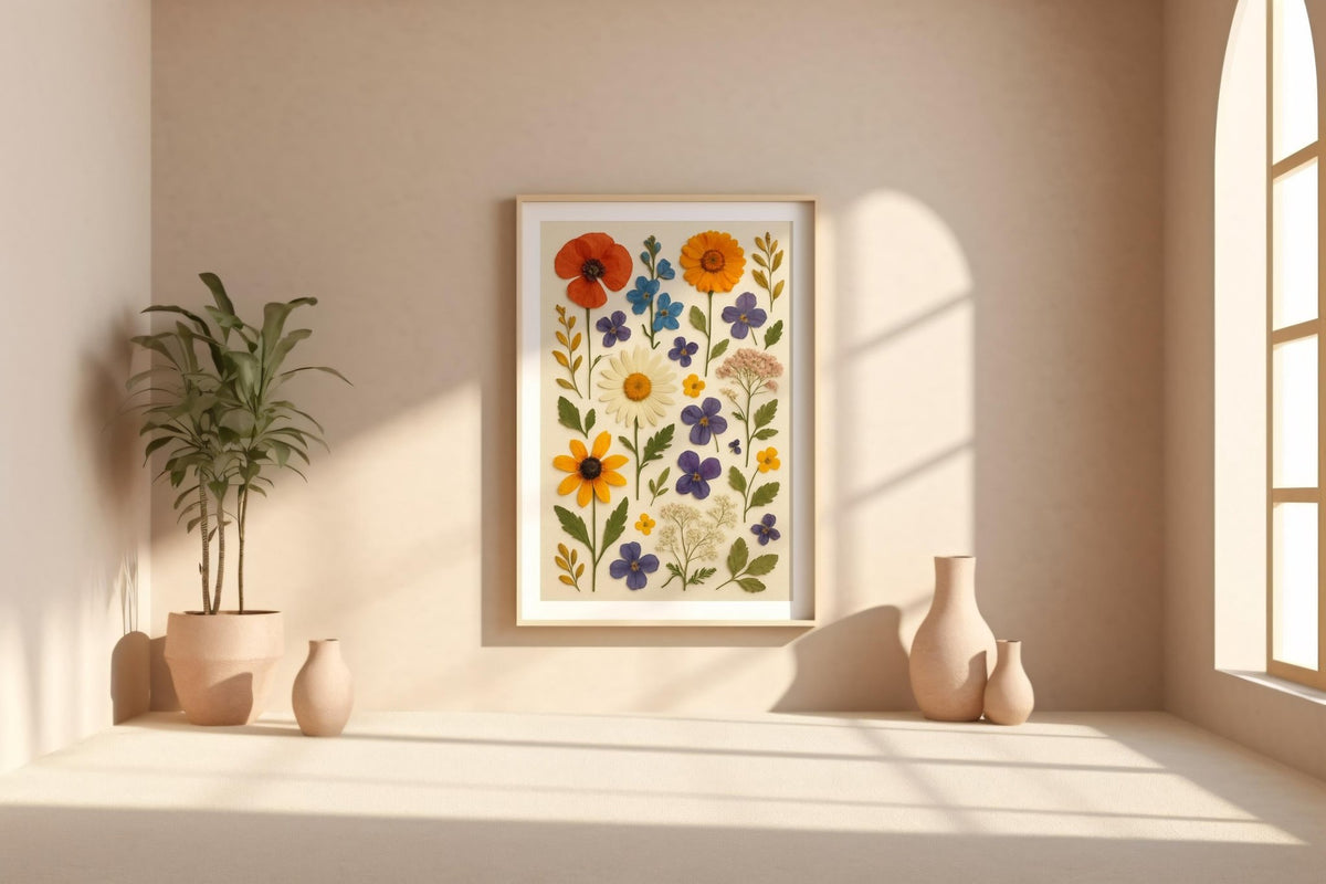 Pressed Flower Collage Art Print – Vibrant Botanical Wall Decor, Dried Flower Poster, Nature - Inspired Home Art - Just Great Posters