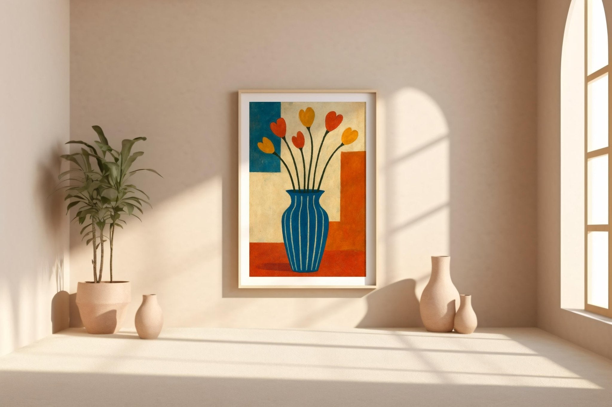 Midcentury Modern Floral Art – Retro Tulip Vase Print in Primary Colors, Bold Abstract Flower Wall Decor for Cool Homes, Free Shipping - Just Great Posters