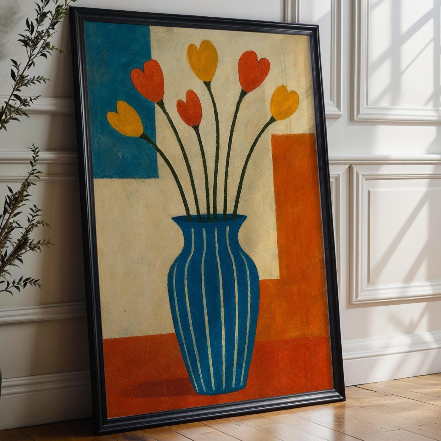 Midcentury Modern Floral Art – Retro Tulip Vase Print in Primary Colors, Bold Abstract Flower Wall Decor for Cool Homes, Free Shipping - Just Great Posters