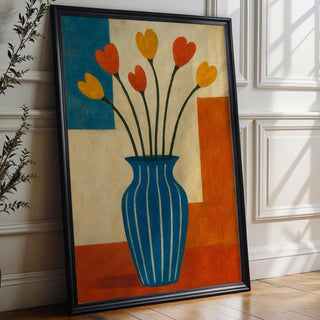 Midcentury Modern Floral Art – Retro Tulip Vase Print in Primary Colors, Bold Abstract Flower Wall Decor for Cool Homes, Free Shipping - Just Great Posters