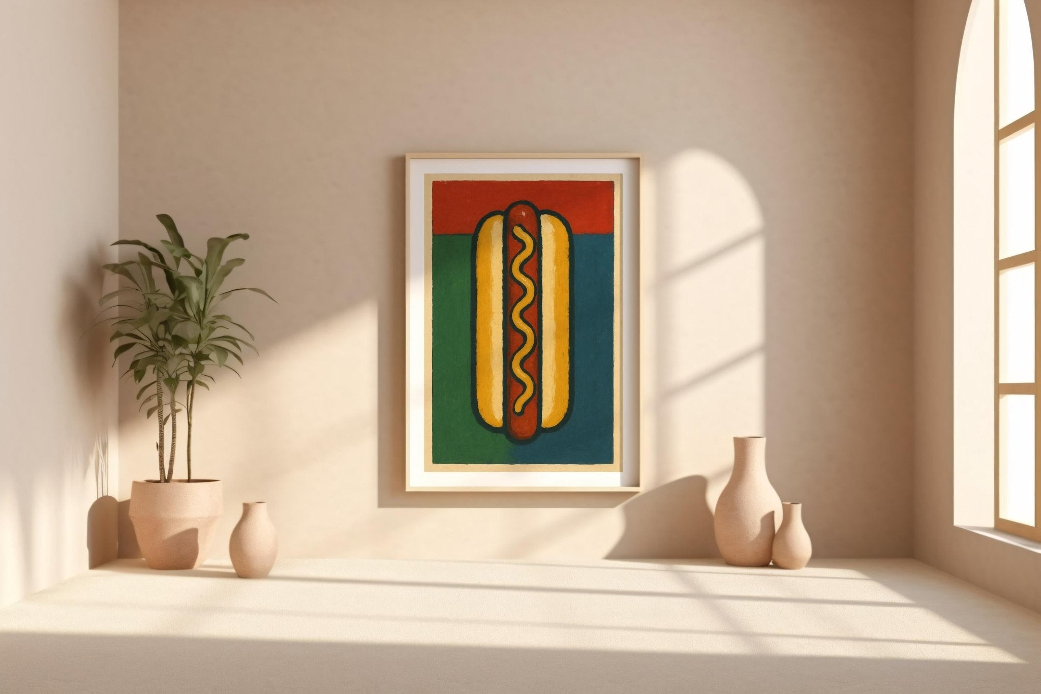 Hot Dog Wall Art Print – Bold Pop Art Style Food Poster for Kitchen or Diner Decor, Quirky Fast Food Illustration, Free Shipping - Just Great Posters