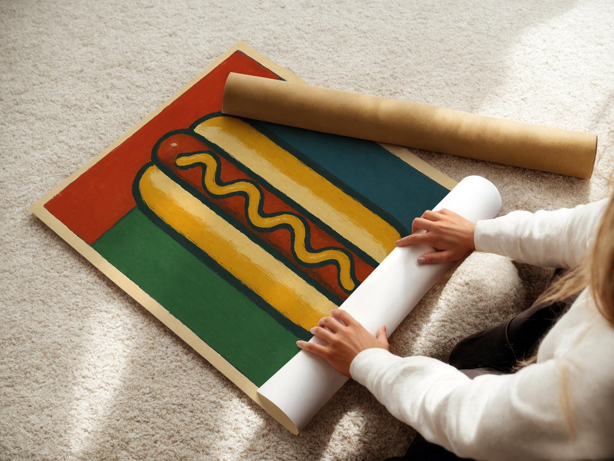 Hot Dog Wall Art Print – Bold Pop Art Style Food Poster for Kitchen or Diner Decor, Quirky Fast Food Illustration, Free Shipping - Just Great Posters