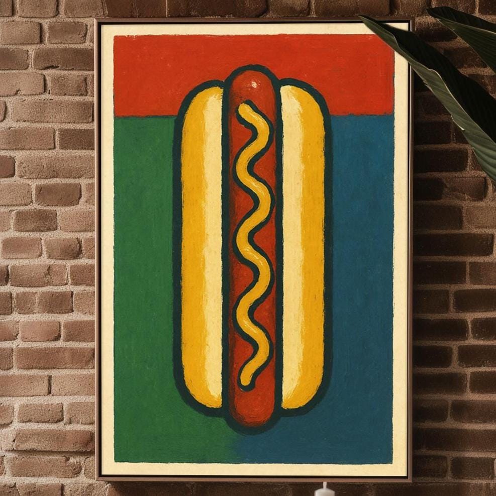 Hot Dog Wall Art Print – Bold Pop Art Style Food Poster for Kitchen or Diner Decor, Quirky Fast Food Illustration, Free Shipping - Just Great Posters