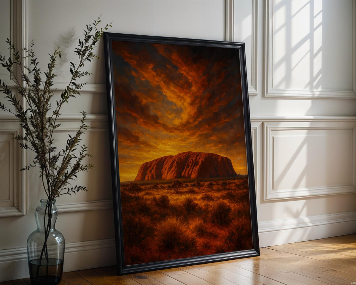 Uluru Wall Art Print – Bold Australian Outback Landscape with Sun and River, Sacred Desert Nature Poster, Earthy Decor, Free Shipping - Just Great Posters