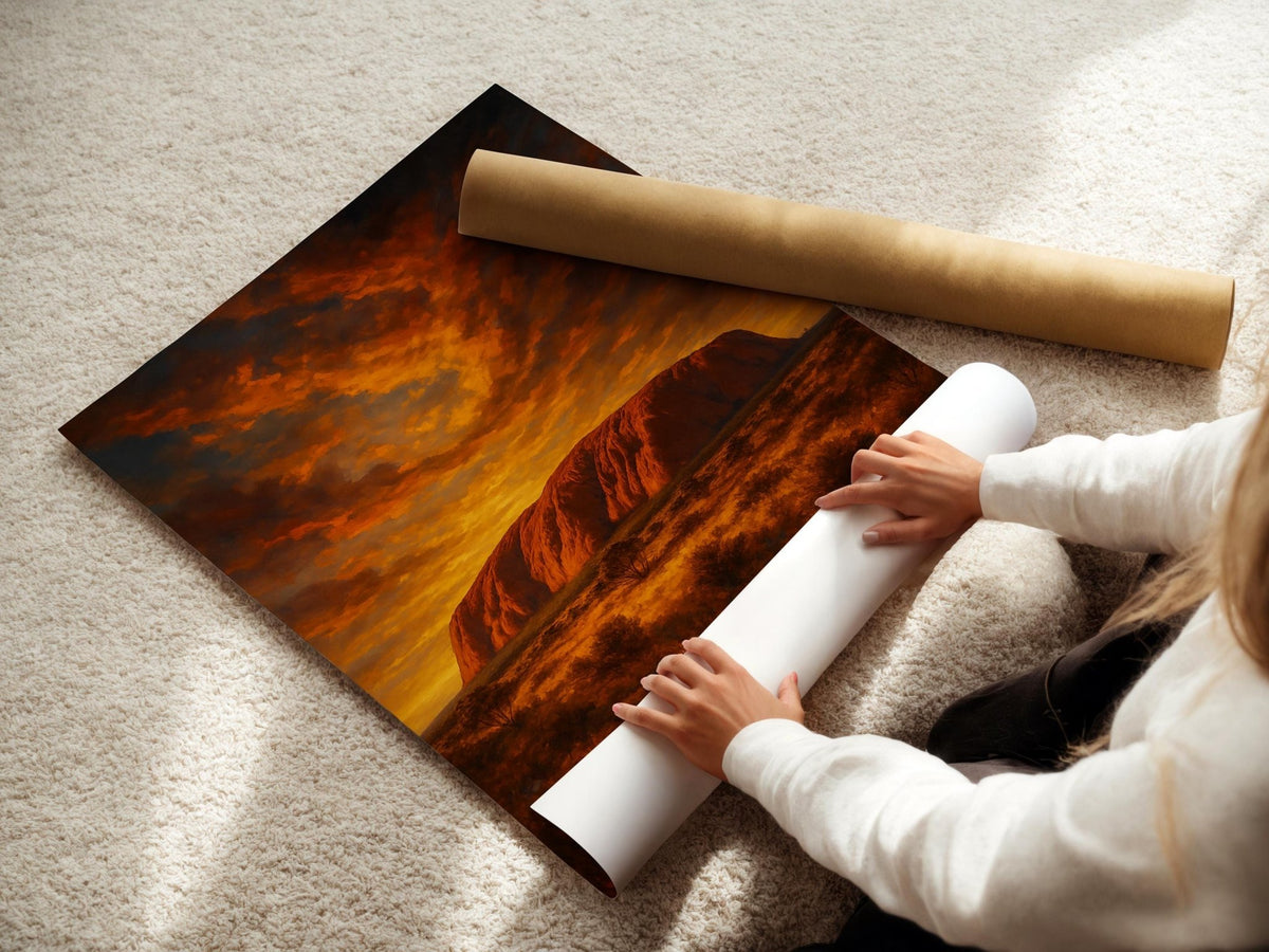Uluru Wall Art Print – Bold Australian Outback Landscape with Sun and River, Sacred Desert Nature Poster, Earthy Decor, Free Shipping - Just Great Posters