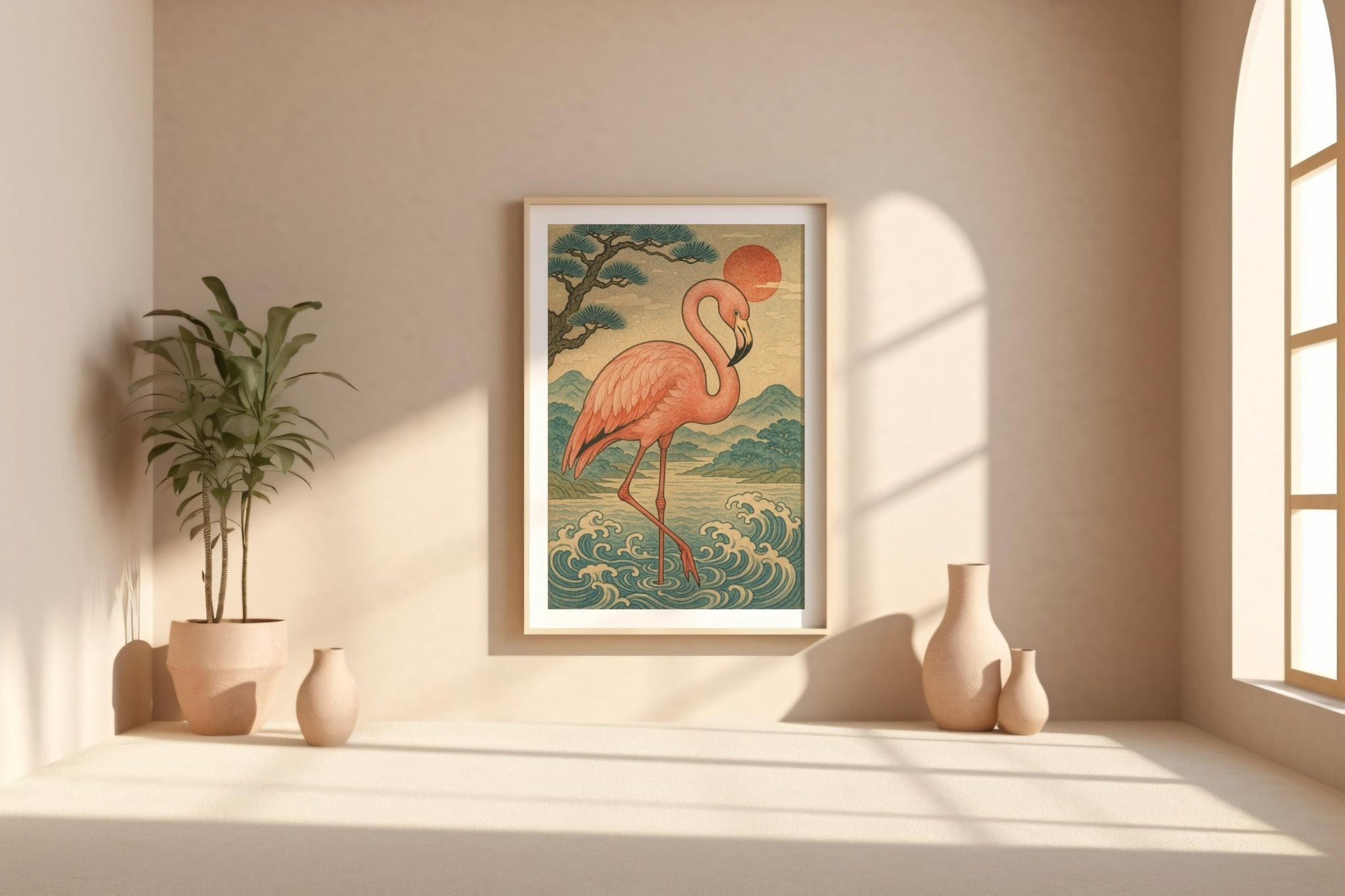 Flamingo Wall Art Print – Japanese Woodblock Style Tropical Bird with Sunset and Waves, Elegant Nature Poster, Free Shipping - Just Great Posters