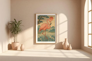 Flamingo Wall Art Print – Japanese Woodblock Style Tropical Bird with Sunset and Waves, Elegant Nature Poster, Free Shipping - Just Great Posters