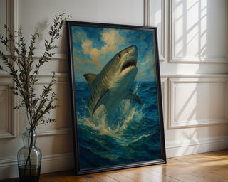 Tiger Shark Wall Art – Epic Breaching Ocean Scene in Dramatic Oil Painting Style, Bold Nautical Decor for Brave Homes, Free Shipping - Just Great Posters
