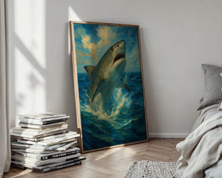 Tiger Shark Wall Art – Epic Breaching Ocean Scene in Dramatic Oil Painting Style, Bold Nautical Decor for Brave Homes, Free Shipping - Just Great Posters