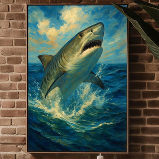Tiger Shark Wall Art – Epic Breaching Ocean Scene in Dramatic Oil Painting Style, Bold Nautical Decor for Brave Homes, Free Shipping - Just Great Posters