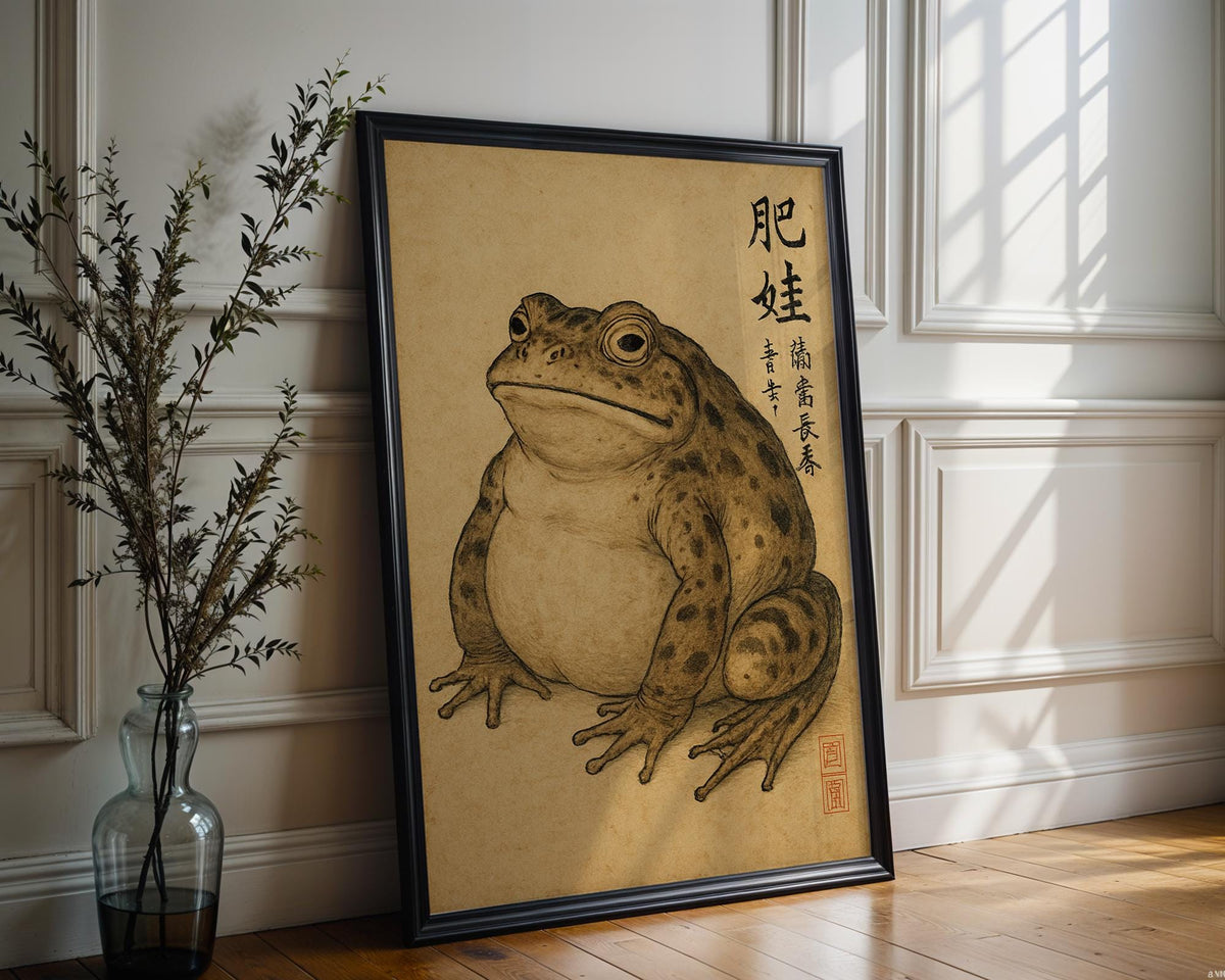 Japanese Frog Wall Art – Vintage Style Ink Animal Drawing with Kanji, Wabi - Sabi Amphibian Print for Cool Minimalist Decor, Free Shipping - Just Great Posters