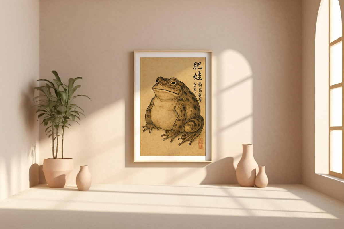 Japanese Frog Wall Art – Vintage Style Ink Animal Drawing with Kanji, Wabi - Sabi Amphibian Print for Cool Minimalist Decor, Free Shipping - Just Great Posters