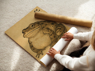 Japanese Frog Wall Art – Vintage Style Ink Animal Drawing with Kanji, Wabi - Sabi Amphibian Print for Cool Minimalist Decor, Free Shipping - Just Great Posters