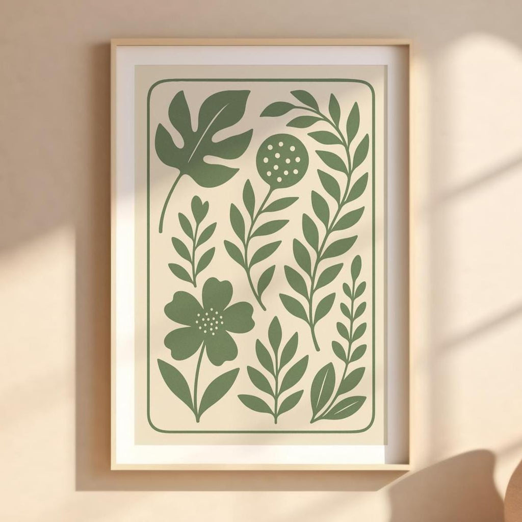 Minimal Botanical Wall Art in Sage Green – Modern Plant Print with Scandinavian Vibe, Eco Decor for Bedroom, Kitchen or Entryway - Just Great Posters