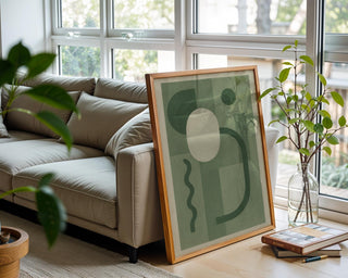 Green Abstract Minimalist Art Print – Modern Midcentury Style Wall Decor in Earthy Sage Tones, Neutral Geometric Home Aesthetic - Just Great Posters