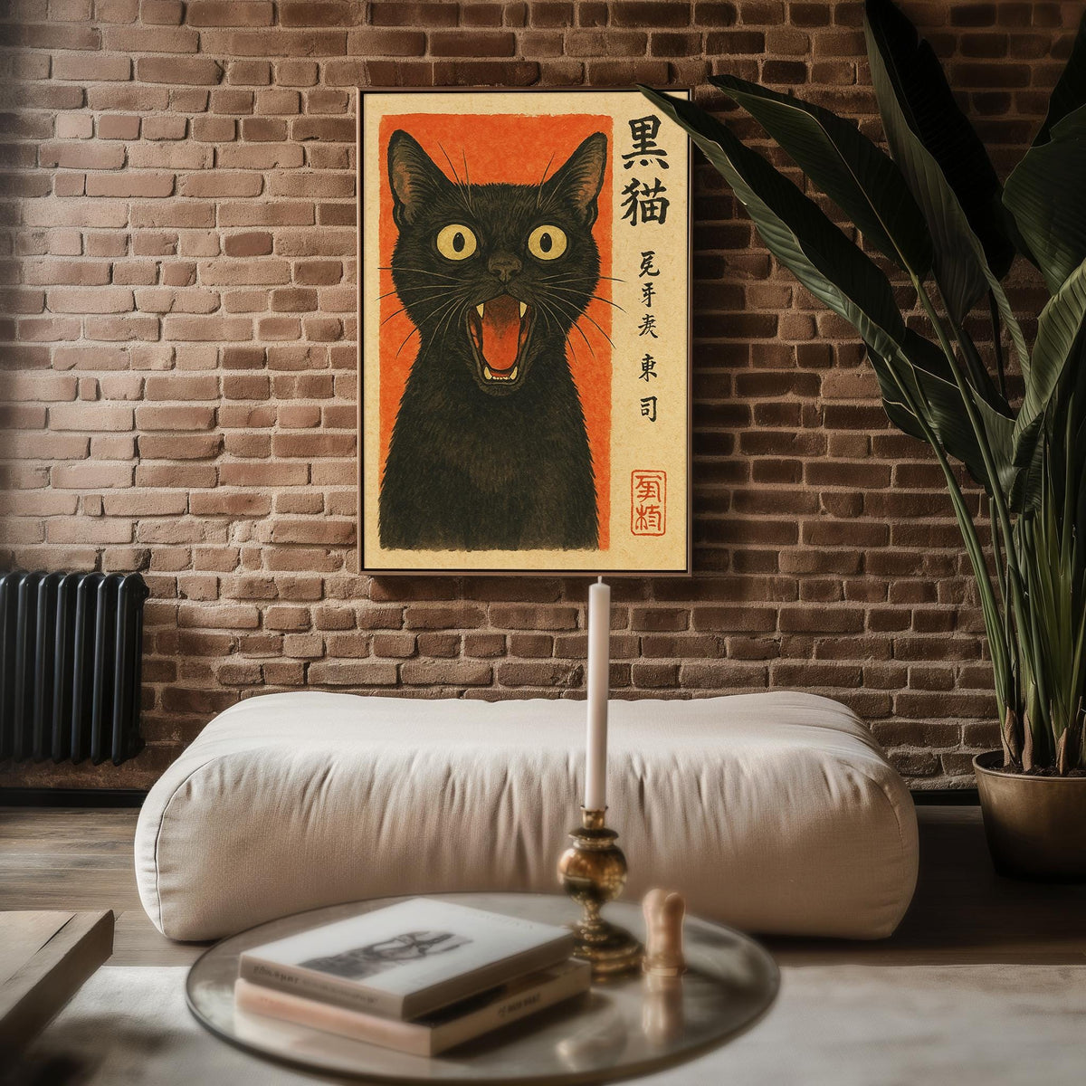 Black Cat Art Print with Japandi Vintage Japanese Style – Bold Ink Illustration Poster, Witchy Wall Decor or Cool Gift for Cat Lovers - Just Great Posters