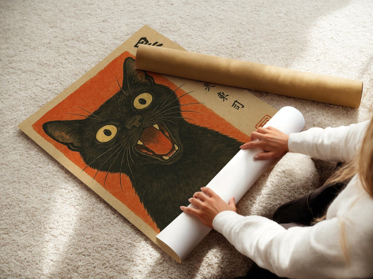 Black Cat Art Print with Japandi Vintage Japanese Style – Bold Ink Illustration Poster, Witchy Wall Decor or Cool Gift for Cat Lovers - Just Great Posters