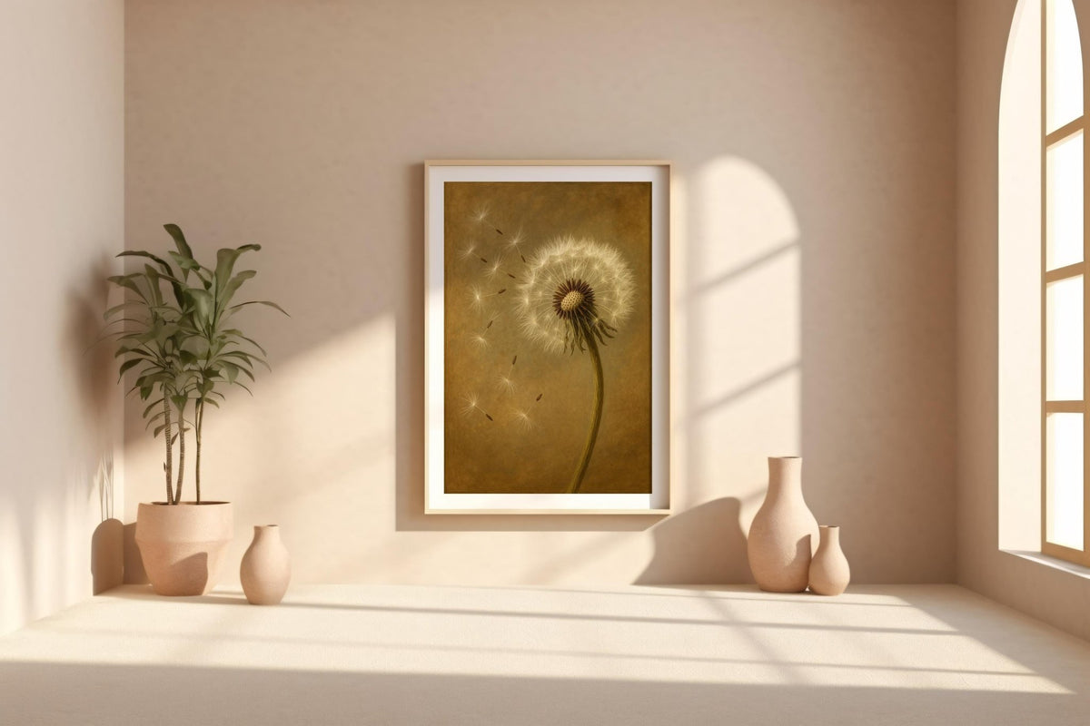 Dandelion Wall Art – Soft Nature Print with Floating Seeds, Neutral Plant Poster for Calm, Earthy, Vintage Home Decor - Just Great Posters