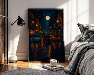 Stained Glass Style Wall Art – Vibrant Night Scene with Cars and Moon, Moody Urban Poster for Cool Modern Home Decor - Just Great Posters