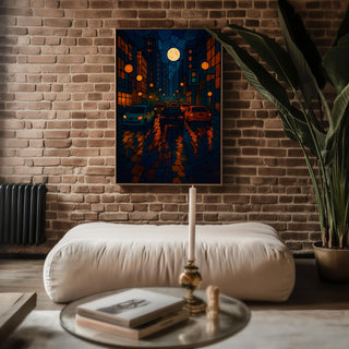Stained Glass Style Wall Art – Vibrant Night Scene with Cars and Moon, Moody Urban Poster for Cool Modern Home Decor - Just Great Posters