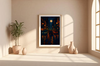 Stained Glass Style Wall Art – Vibrant Night Scene with Cars and Moon, Moody Urban Poster for Cool Modern Home Decor - Just Great Posters