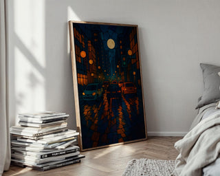 Stained Glass Style Wall Art – Vibrant Night Scene with Cars and Moon, Moody Urban Poster for Cool Modern Home Decor - Just Great Posters