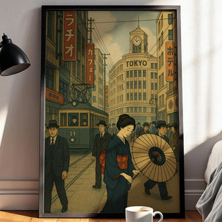 Vintage Tokyo Street Scene Print – Japanese Urban Art with Kimono and Tram, Retro City Illustration for Japan Lovers, Free Shipping - Just Great Posters