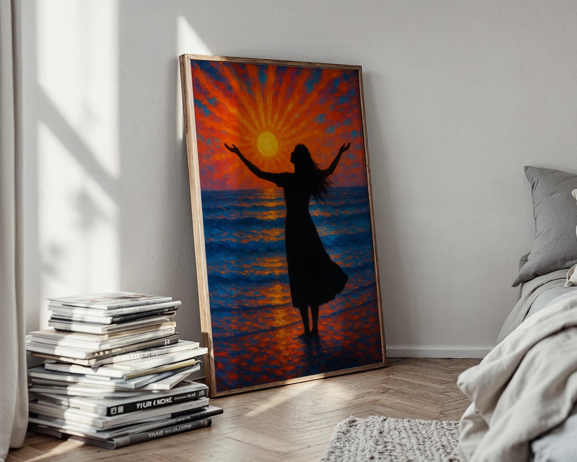 Sunset Ocean Silhouette Wall Art – Radiant Woman at Sea in Golden Hour Light, Spiritual Coastal Print for Calm Decor, Free Shipping - Just Great Posters