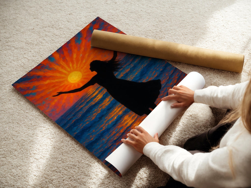 Sunset Ocean Silhouette Wall Art – Radiant Woman at Sea in Golden Hour Light, Spiritual Coastal Print for Calm Decor, Free Shipping - Just Great Posters
