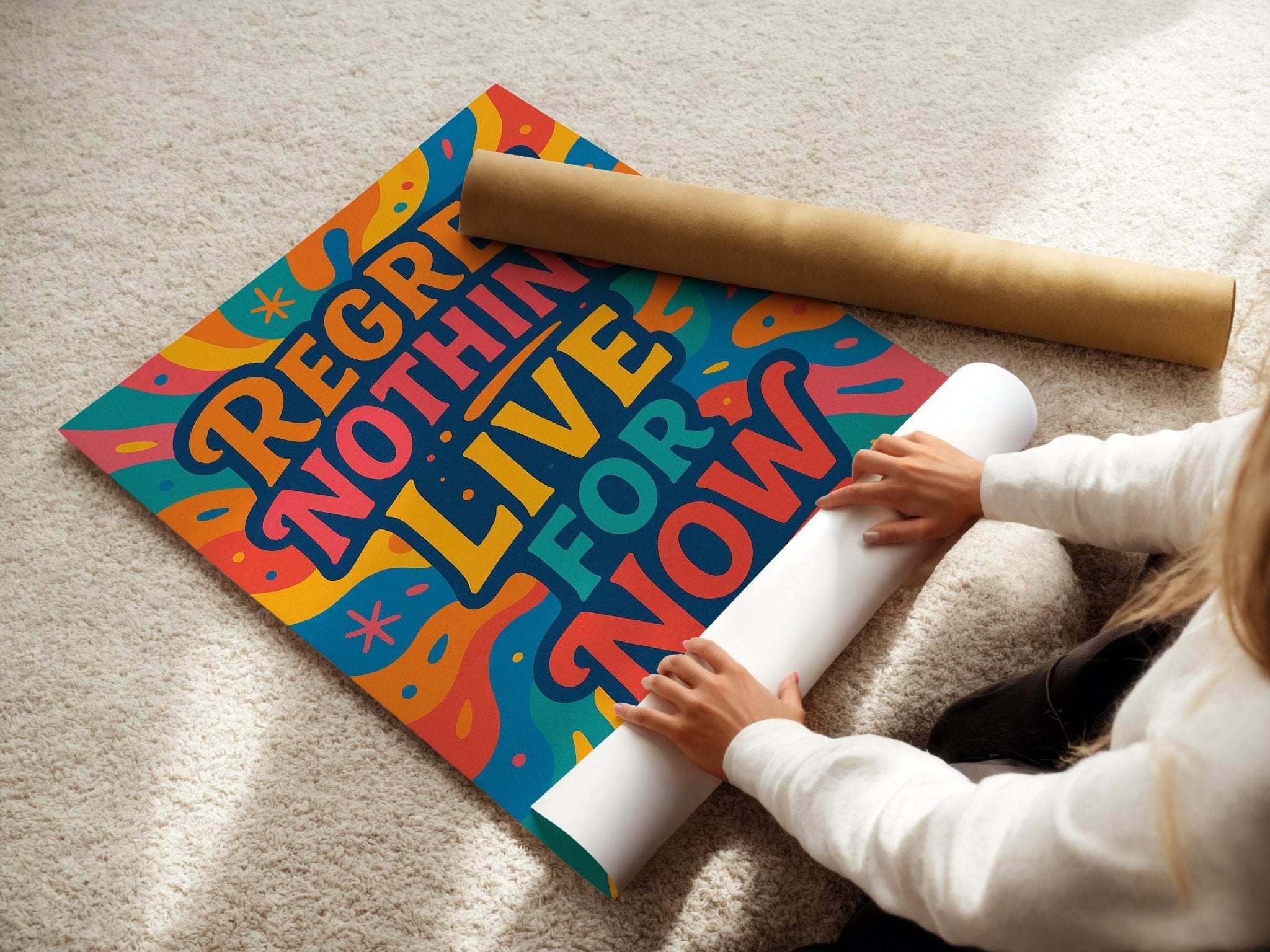 Regret Nothing Live For Now Poster – Psychedelic Art Print with Vibrant Chaos and Cosmic Vibes, Trippy Wall Decor, Free Shipping - Just Great Posters
