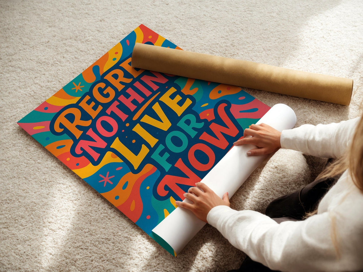 Regret Nothing Live For Now Poster – Psychedelic Art Print with Vibrant Chaos and Cosmic Vibes, Trippy Wall Decor, Free Shipping - Just Great Posters
