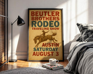 Beutler Brothers Rodeo Poster – Vintage Cowboy Bronco Wall Art from Texas Tour Show, Western Typography Print, Free Shipping - Just Great Posters