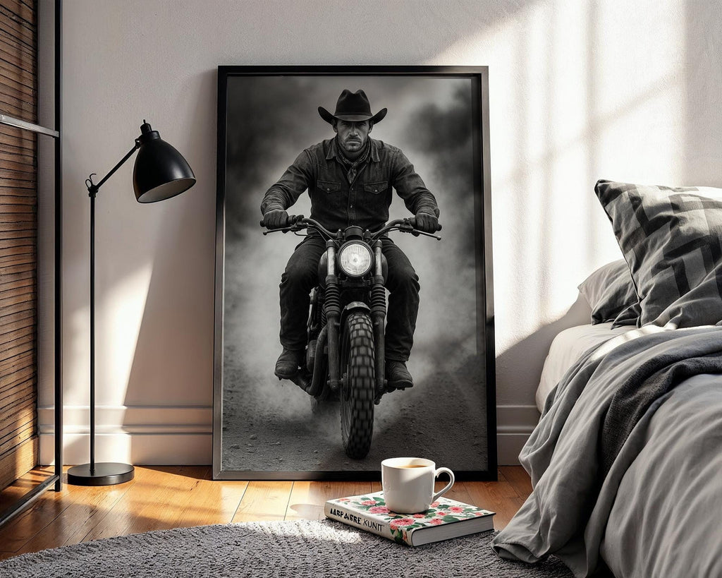 Cowboy Motorcycle Wall Art – Black & White Biker Photography Print, Western Rider Portrait for Modern Rustic Decor, Free Shipping - Just Great Posters