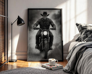 Cowboy Motorcycle Wall Art – Black & White Biker Photography Print, Western Rider Portrait for Modern Rustic Decor, Free Shipping - Just Great Posters
