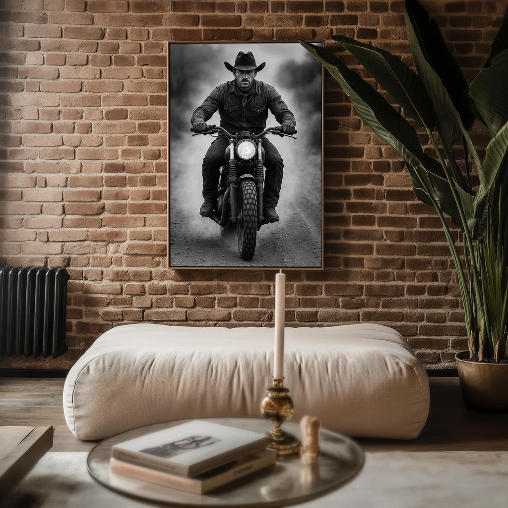 Cowboy Motorcycle Wall Art – Black & White Biker Photography Print, Western Rider Portrait for Modern Rustic Decor, Free Shipping - Just Great Posters
