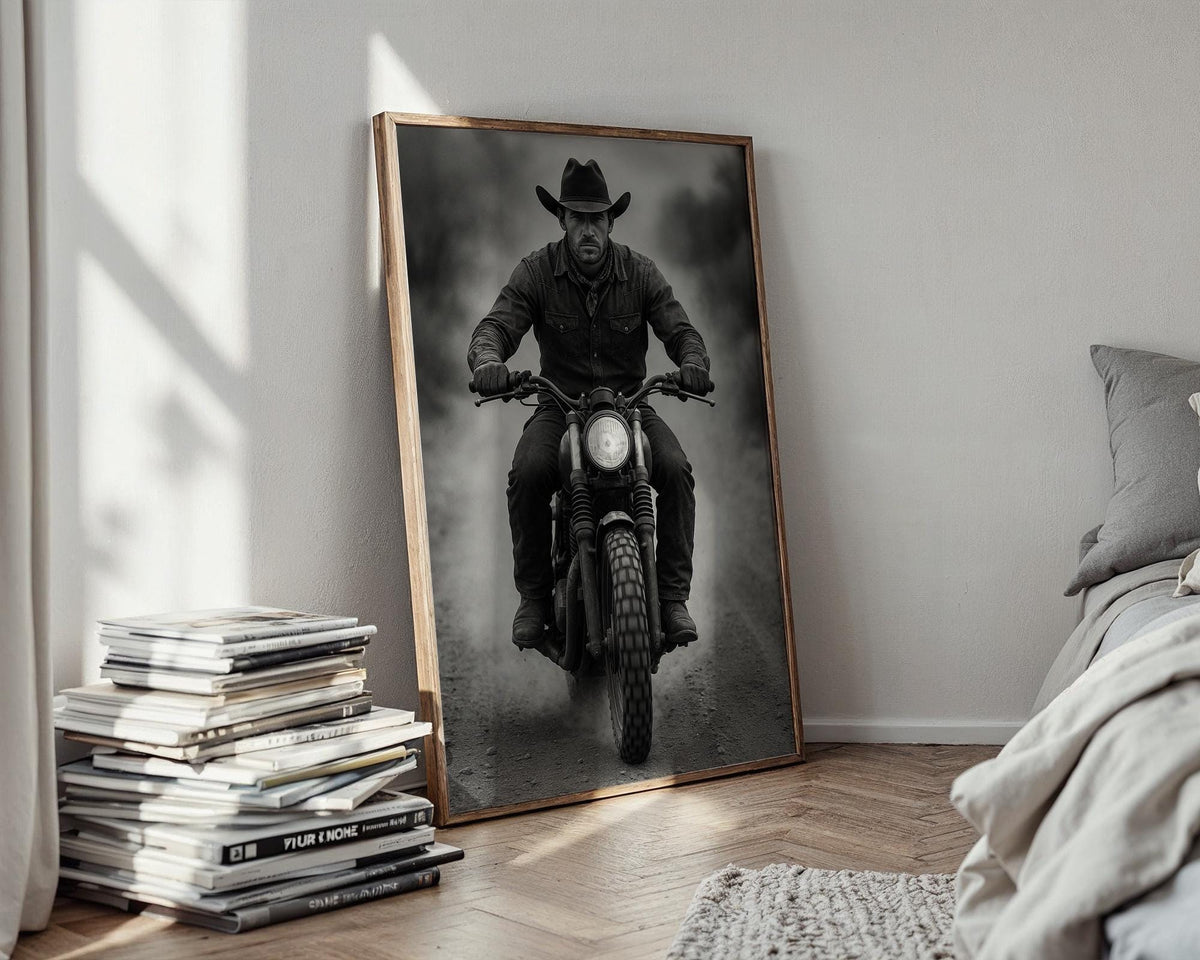 Cowboy Motorcycle Wall Art – Black & White Biker Photography Print, Western Rider Portrait for Modern Rustic Decor, Free Shipping - Just Great Posters