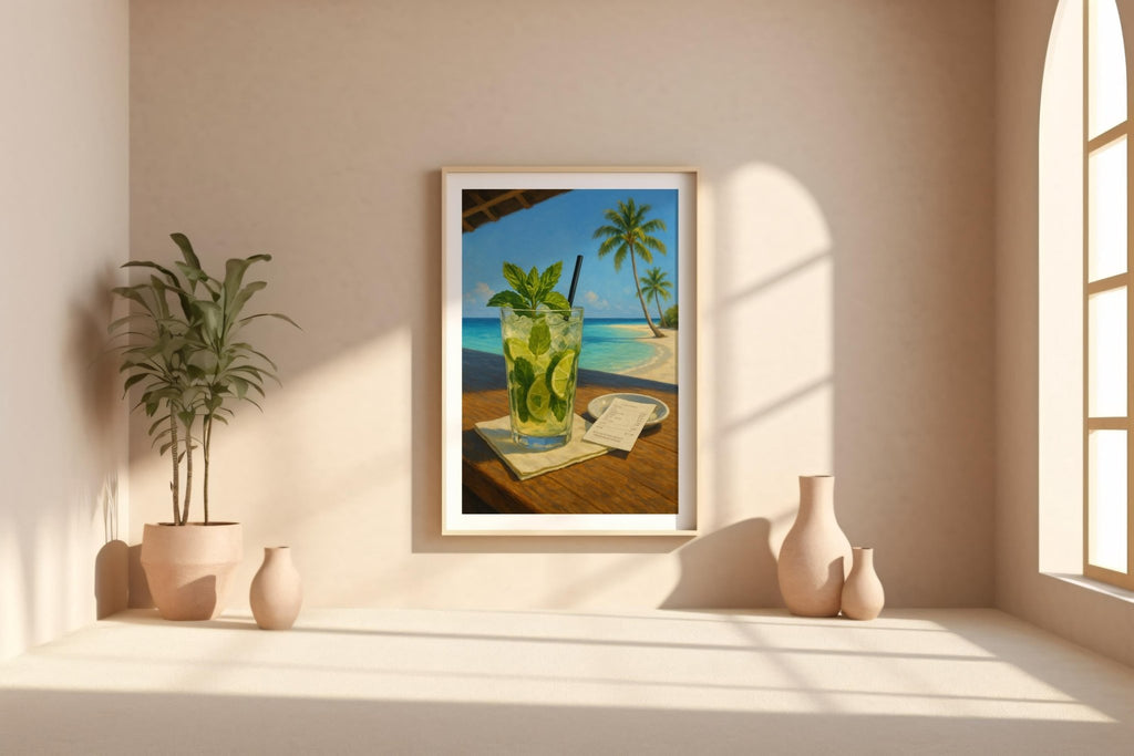 Mojito Art Print – Tropical Cocktail Poster, Summer Wall Art, Mint Lime Drink Painting, Vacation Vibes Kitchen Decor, Beach Bar Setting - Just Great Posters