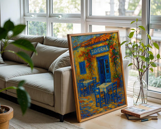 Greek Taverna Wall Art – Greek Island Café Poster, Yellow Blue Village Print, Rustic Coastal Travel Decor, Free Shipping - Just Great Posters