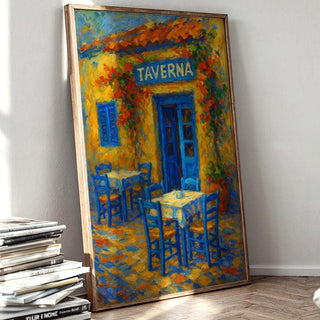 Greek Taverna Wall Art – Greek Island Café Poster, Yellow Blue Village Print, Rustic Coastal Travel Decor, Free Shipping - Just Great Posters
