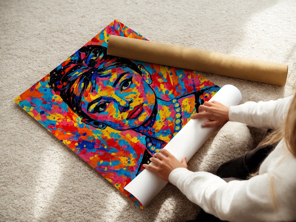 Audrey Hepburn Pop Art Portrait – Vibrant Retro Hollywood Wall Print, Modern Rainbow Icon Poster, Bold Feminine Decor, Free Shipping - Just Great Posters