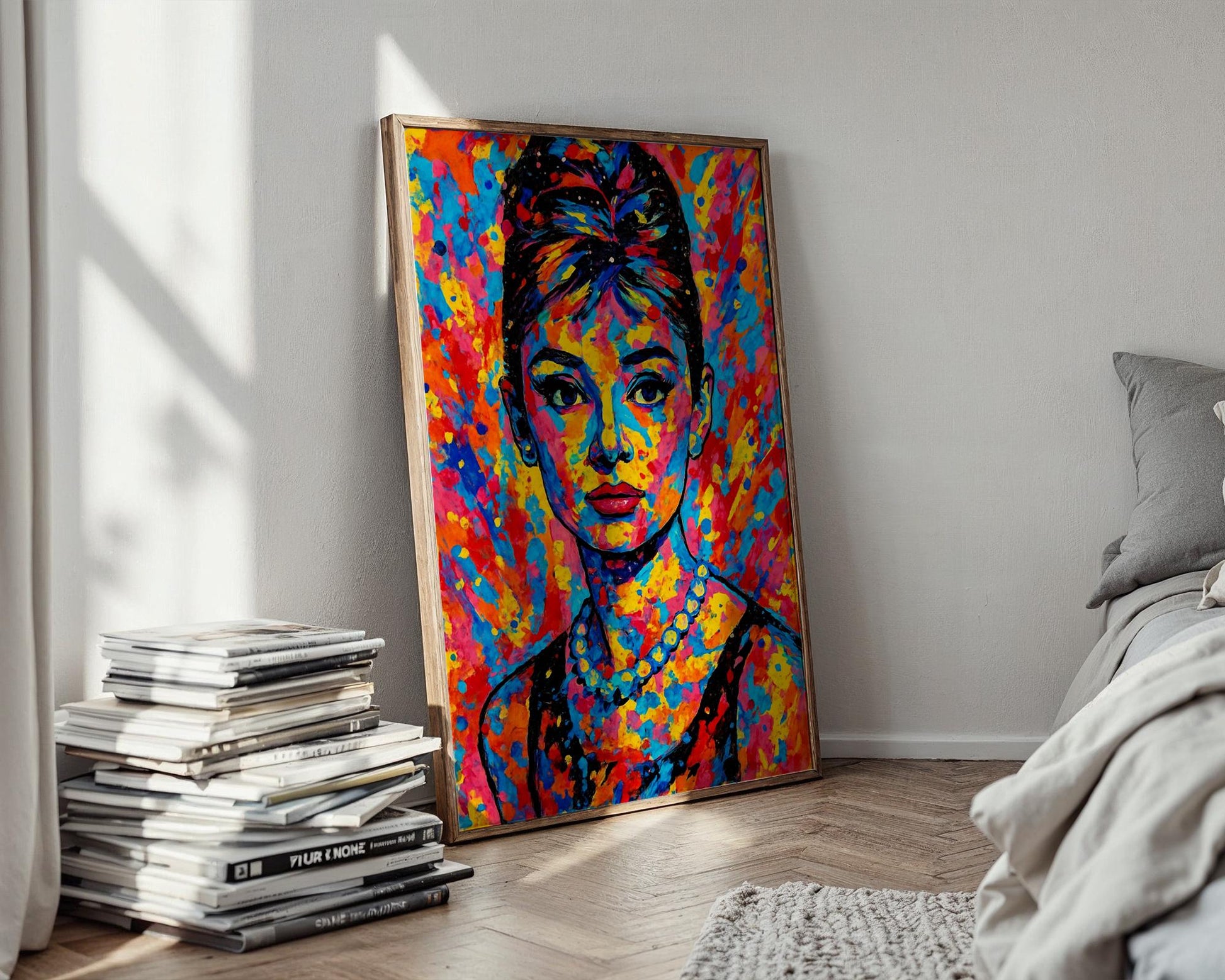 Audrey Hepburn Pop Art Portrait – Vibrant Retro Hollywood Wall Print, Modern Rainbow Icon Poster, Bold Feminine Decor, Free Shipping - Just Great Posters